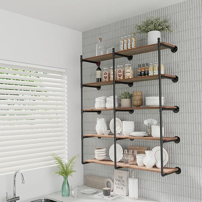 Industrial Pipe Shelf Brackets Wall Mount, Open Black Pipe Shelving for Kitchen,Floating Shelf Brackets Mount,Open Bookshelf Brackets for Shelves,Wall Shelves 12 Inch Deep,(2PcsX3Tier,61" Tall)