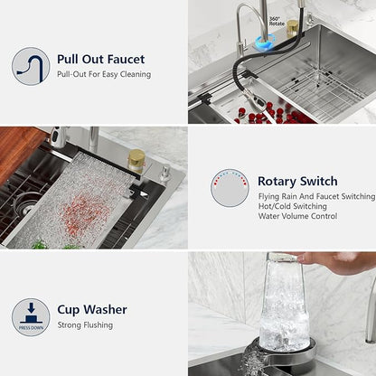 Logmey 33x22 Waterfall Kitchen Sink with faucet Combo Cup Washer Workstation Luxury Sinks 33 Inch Drop In Kitchen Sink Stainless Steel 16 Gauge Single Bowl Topmount Sinks 33x22x9