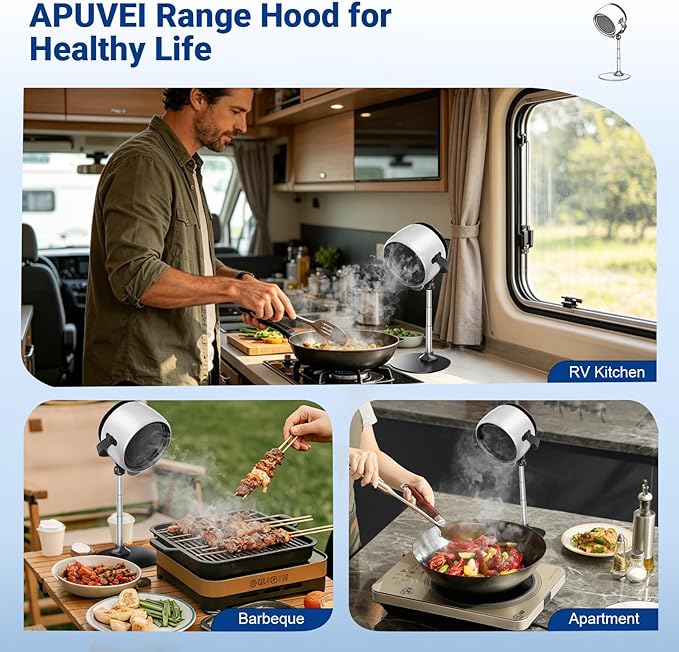 Portable Kitchen Range Hood,3-Fan Speeds and Large Oil Collection Cup, Desktop Range Hood with Battery Powered,Low-Noise Smoke Control for Apartments, Indoor BBQ, RV & Dorm
