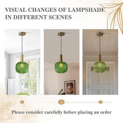 BOKT Mid Century Green Glass Pendant Lights 2-Light Mini Globe Ceiling Pendant Light Ribbed Glass Pendant Light Gold Finish Hanging Light Fixture for Kitchen Island Foyer