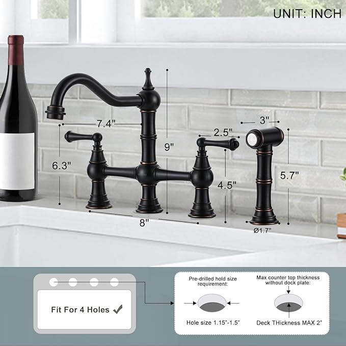 WOWOW Brass Kitchen Faucet with Side Sprayer, 8 Inch Centerset Bridge Faucet for Kitchen Sinks, 4 Hole Kitchen Faucet Bronze Vintage Farmhouse Kitchen Sink Faucet