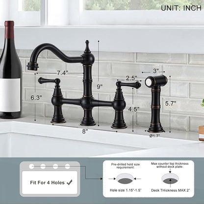 WOWOW Brass Kitchen Faucet with Side Sprayer, 8 Inch Centerset Bridge Faucet for Kitchen Sinks, 4 Hole Kitchen Faucet Bronze Vintage Farmhouse Kitchen Sink Faucet