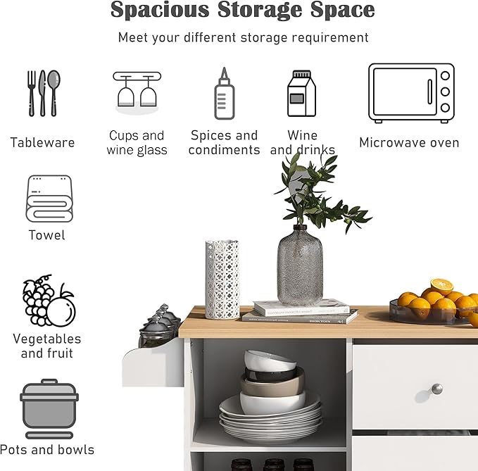 Fashion Store Kitchen Island Cart with Rubber Wood Top and 2 Drawers,4 Wheels and 3 Open Shelves,for Kitchen,Dining Room,Bathroom,Living Room (White@E)
