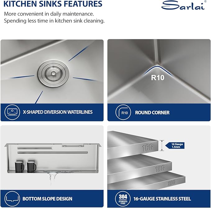 Sarlai 36 Inch Waterfall Kitchen Sink Workstation - 36x22 Waterfall Drop In Sink Stainless Steel 16 Gauge Sink Multifunction Single Bowl Smart Top Mount Kitchen Sinks with Faucet Combo