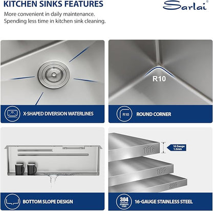 Sarlai 36 Inch Waterfall Kitchen Sink Workstation - 36x22 Waterfall Drop In Sink Stainless Steel 16 Gauge Sink Multifunction Single Bowl Smart Top Mount Kitchen Sinks with Faucet Combo