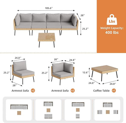 Aoxun 5-Piece Patio Furniture Set, Wicker Outdoor Furniture with Water Resistant Thick Cushions, Patio Conversation Set Outdoor Sectional Sofa with Coffee Table for Backyard Poolside, Light Grey