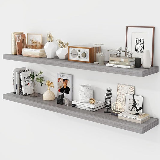 Acovy 55 Inch Floating Shelves, 9.3" Deep Floating Shelf Wall Mounted, 56" Wall Shelves, Rustic Deep Bookshelf, Large Display Shelves & Storage Shelves for Bedroom, Living Room, Grey, Set of 2