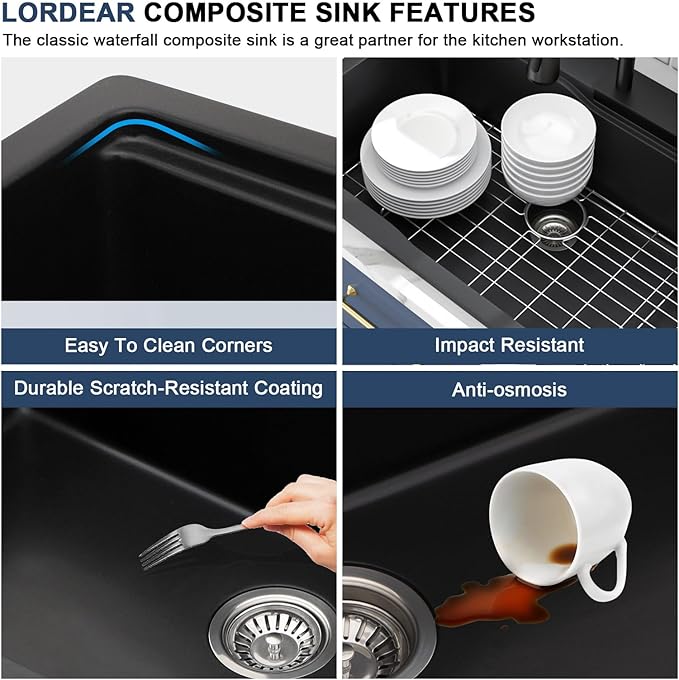 Lordear Granite Composite Kitchen Sink With Waterfall Faucet 33x22 Inch Drop In Kitchen Sinks Black Quartz Single Bowl Multifunctional Workstation Topmount Sink