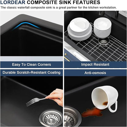 Lordear Granite Composite Kitchen Sink With Waterfall Faucet 33x22 Inch Drop In Kitchen Sinks Black Quartz Single Bowl Multifunctional Workstation Topmount Sink