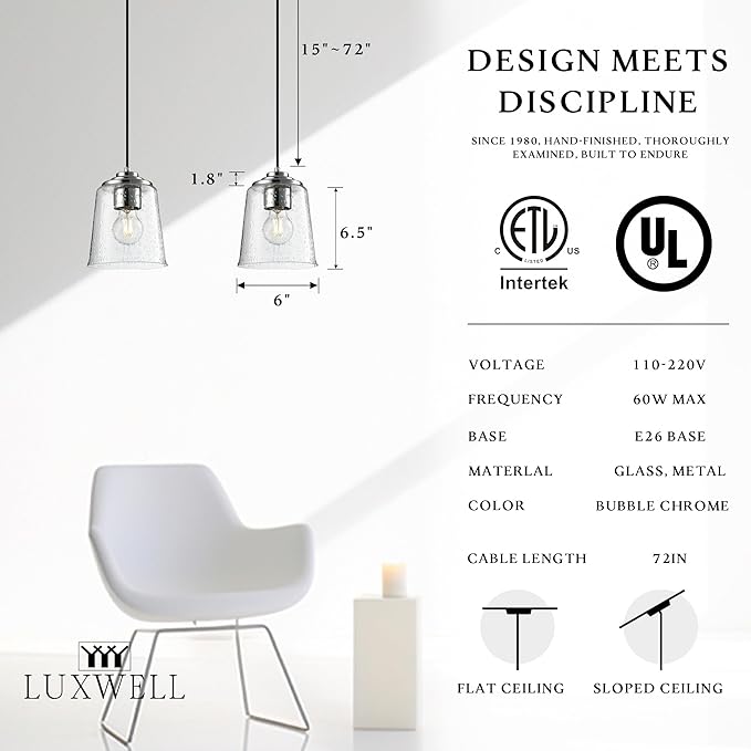 Modern Bubble Glass Pendant Light, 6"x6"x7.5" Rain-Drop Glass Hanging Fixture with Chrome Finish Base, Adjustable 15"-72" Cord, E26 Socket for Dining Room, Vanity Area, or Bar – Frosted Chrome