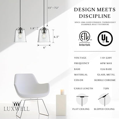 Modern Bubble Glass Pendant Light, 6"x6"x7.5" Rain-Drop Glass Hanging Fixture with Chrome Finish Base, Adjustable 15"-72" Cord, E26 Socket for Dining Room, Vanity Area, or Bar – Frosted Chrome