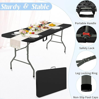 Fivenl 2 Pack 6 Feet Portable Folding Table Black, Steel Legs Fold-in-Half with Carrying Handle Rectangular Plastic Foldable Table for Party, Wedding, Camping, Picnic, Dining, Indoor Outdoor Events