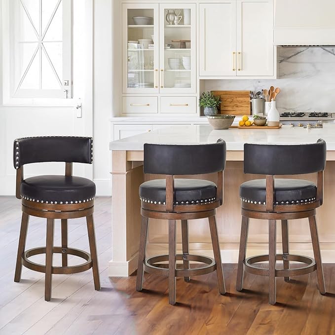 COLAMY Swivel Bar Stools Set of 3, Swivel Counter Height Barstools, 25 Inch Upholstered Barstools for Kitchen Island Dining Room Bar, Dark Brown
