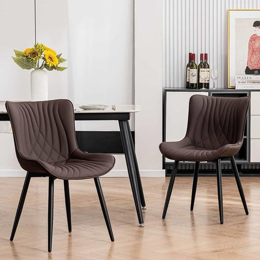 Kidol & Shellder Dining Chairs Set of 2, Mid Century Modern Kitchen Chairs with Black Metel Legs, PU Leather Upholstered Side Chair for Dining Room, Living Room, Lounge, Restaurant, Brown