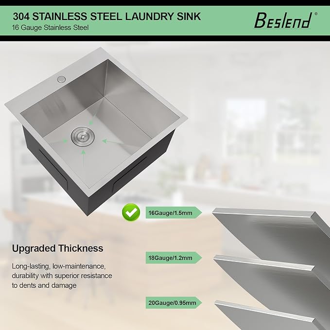 22 Laundry Sink Drop In with Faucet - Beslend 22x22x12 Inch Laundry Utility Sinks 12 Inch Deep Sink Stainless Steel Topmount Sinks 16 Gauge Single Bowl Sink for RV Laundry Room
