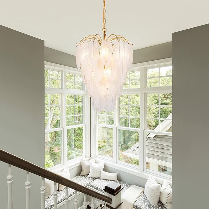 LumFurn 10-Light Gold Chandeliers, Modern Pendant Light Fixture for Dining Room, Staircase, D16 x H27~72" Adjustable Height, Frosted Feather Glass Shade & Gold Finish