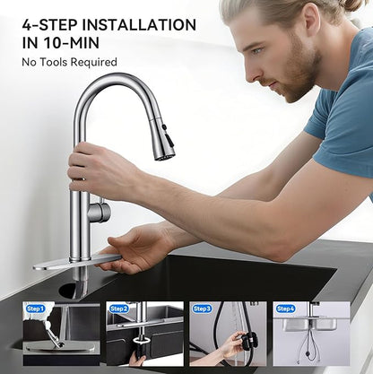 Kitchen Faucet with Pull Down Sprayer, Chrome Faucet for Kitchen Sink Stainless Steel Kitchen Faucets, Single Handle 1 or 3 Hole Faucet with Escutcheon for RV, Outdoor, Laundry & Bathroom Sink