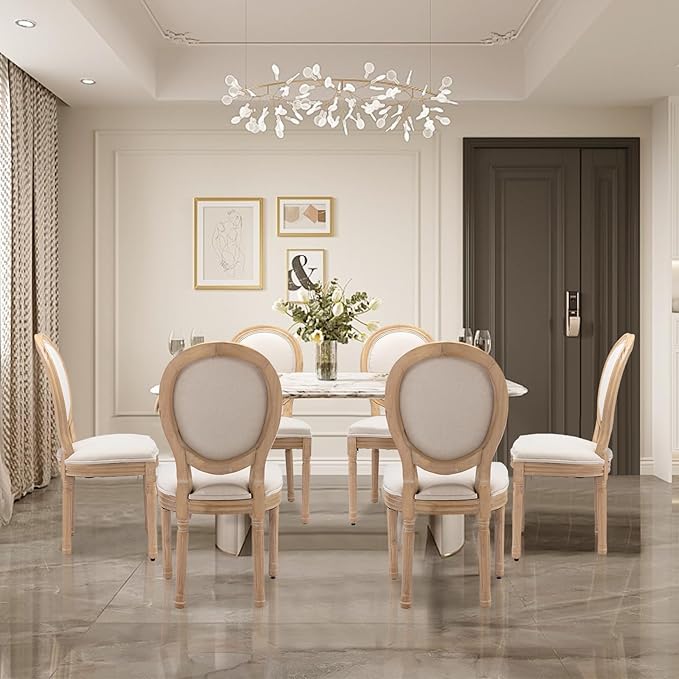 SoarFlash French Dining Chairs Set of 6, Vantage Linen Dining Chair with Round Back, Farmhouse Country Dining Chair for Living Room,Kitchen,Bedroom,Beige
