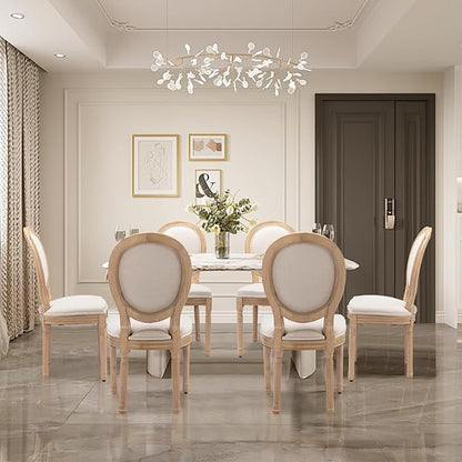 SoarFlash French Dining Chairs Set of 6, Vantage Linen Dining Chair with Round Back, Farmhouse Country Dining Chair for Living Room,Kitchen,Bedroom,Beige