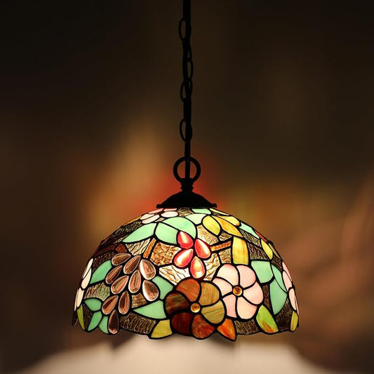 Tiffany Pendant Light Plug-in Stained Glass Hanging Lamp 12”x12”x181” Grape Swag Light Vintage Lighting for Dining Room Living Room Kitchen Hallway Bedroom