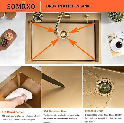 30×22 Drop In Kitchen Sink with Faucet Combo-Stainless Steel Gold Drop In Sink with Cup Washer, 9 Inch Deep Single Bowl Kitchen Sinks and Faucets Combo Set,Top Mount Design for Modern Kitchens