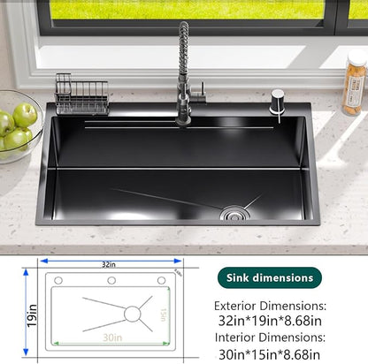 32 * 19 inch Kitchen Sink, Single Bowl Stainless Steel Sink Multifunctional Drop In Sink with Pull-Down Faucet and Multiple Accessories (Black, 3219)