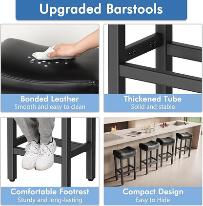 29 Inch Bar Height Bar Stools Set of 2, 29" Barstools for Kitchen Island Counter, Backless Bonded Leather Bar Height Stools with Thick Saddle Seats & Heavy Duty Metal Base, Easy Assembly, All Black