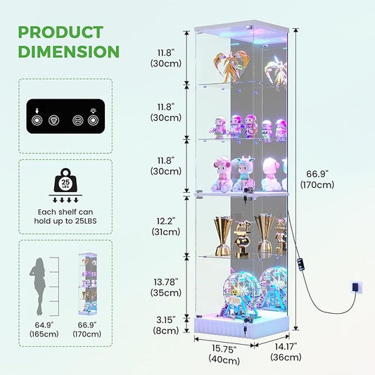 HNEBC 6-Tier Shelf with Glass Door, LED Display Case with RGB Lights& Motion Sensor, Lockable Curio Cabinet for Collectibles,Bookcase,China Cabinet-White