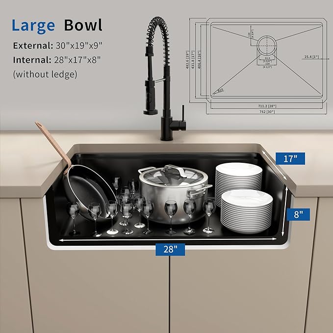 30 Inch Undermount Black Kitchen Sink,16 Gauge Stainless Steel Kitchen Sink Single Bowl, 30"x19"x9" Ledge Workstation Sinks With All Accessories, Multi-Functional Workstation Sinks