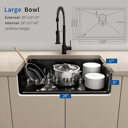 30 Inch Undermount Black Kitchen Sink,16 Gauge Stainless Steel Kitchen Sink Single Bowl, 30"x19"x9" Ledge Workstation Sinks With All Accessories, Multi-Functional Workstation Sinks