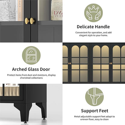 Foreate Sideboard Buffet Cabinet with Glass Door & LED Light, 53.2" Large Buffet Cabinet with Storage & Adjustable Shelf, Farmhouse Sideboard Credenzas Metal Kitchen Buffet, Black