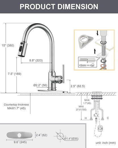 Kitchen Faucets, WOWOW Brushed Nickel Kitchen Faucet with Pull Down Sprayer, High Arc Single Handle Stainless Steel Sink Faucets 1 or 3 Hole, Kitchen Sink Faucets for Farmhouse Camper Laundry Rv Bar