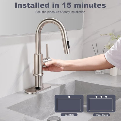 Bathroom Faucet with Pull Down Sprayer, Sink faucets Pull Out Faucet with Pop-Up Drain, 1 or 3 Hole Laundry Bar Basin Faucet with Deck Plate,Brushed Nickel