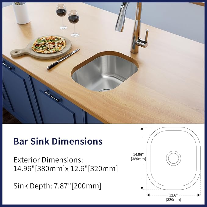 Bar Sink, 15" x 12" Inch Undermount Kithcen Sink, T-304S Stainless Steel RV Kitchen Sinks, Small Kitchen Sinks With Sink Drain Strainer, Use at Rv, Bar,Outdoor, Laundry and Utility,Bathroom