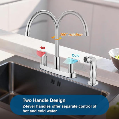 Kitchen Faucets, High Arc 360°Rotating Spout Kitchen Sink Faucet, 2 Handle 8 Inch Centerset RV Kitchen Faucet with Supply Lines, 3 or 4 Hole Kitchen Faucet with Side Sprayer, Polish Chrome