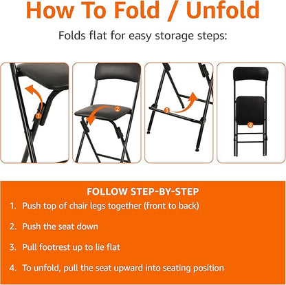 Amazon Basics Folding Bar Stool with Footrest, Portable, Sturdy, Space-Saving Storage, 300lb Capacity, 24" Height, Black, Set of 2