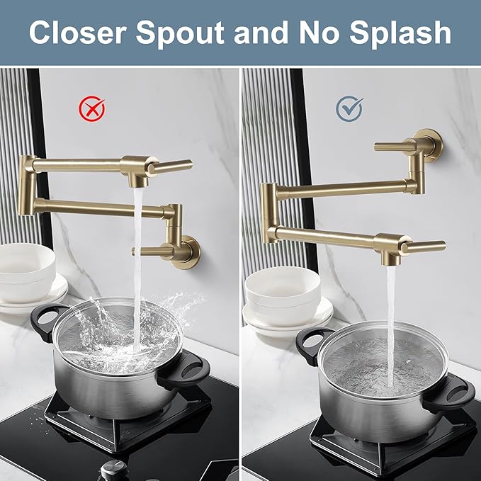Wall Mount Pot Filler Faucet for Kitchen Upside Down Pot Filler Kitchen Folding Faucet with Dual Stretchable Double Joint Swing Arms, Brushed Gold