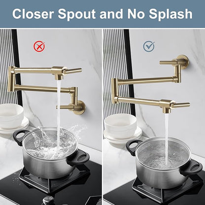Wall Mount Pot Filler Faucet for Kitchen Upside Down Pot Filler Kitchen Folding Faucet with Dual Stretchable Double Joint Swing Arms, Brushed Gold