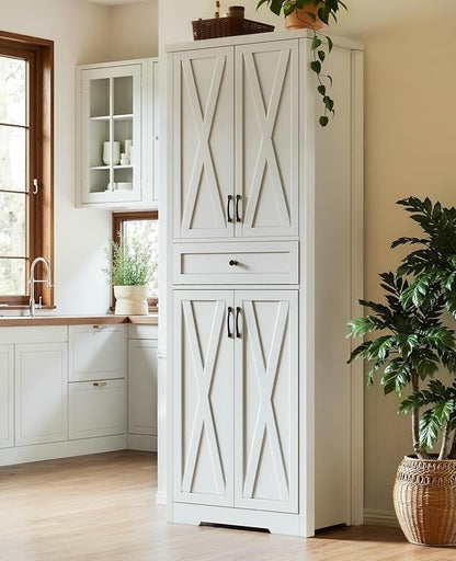 Lyromix 68'' Farmhouse Kitchen Pantry Cabinet with Adjustable Shelves, Tall Storage Cabinet with Barn Doors, Freestanding Versatile Cupboard for Dining Room, White