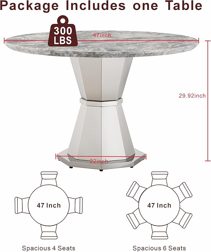 47" Round Marble Dining Table for 4-6, Luxury Modern Kitchen Table with Marble Grain MDF Tabletop & Silver Mirrored Stainless Steel Pedestal Base, Grey Stone Dinner Table for Dining Room (Table Only)