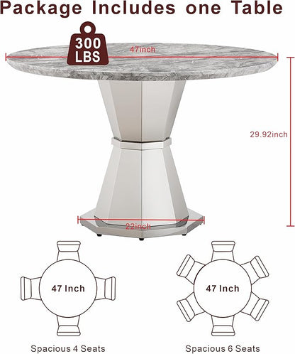 47" Round Marble Dining Table for 4-6, Luxury Modern Kitchen Table with Marble Grain MDF Tabletop & Silver Mirrored Stainless Steel Pedestal Base, Grey Stone Dinner Table for Dining Room (Table Only)