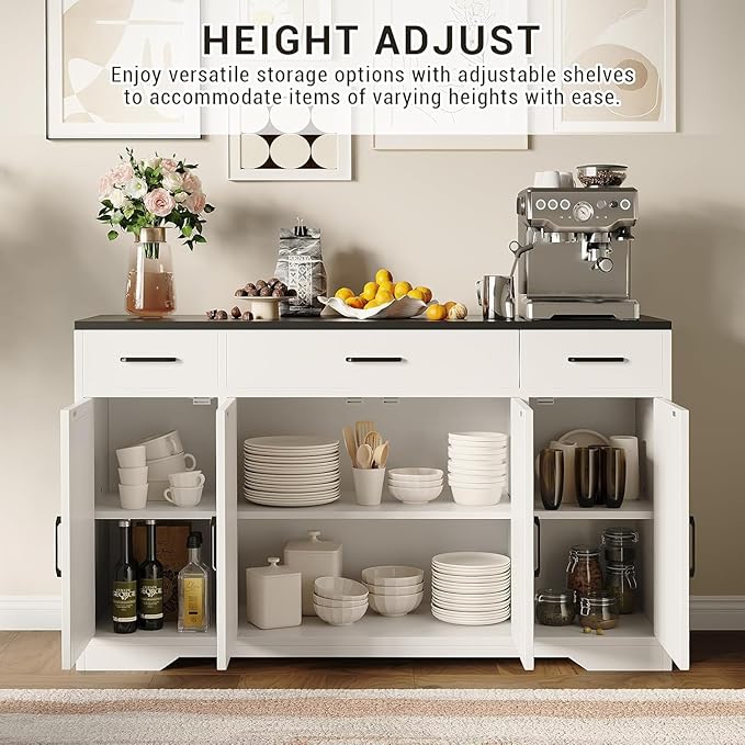 Modern Buffet Sideboard Kitchen Storage Cabinet With 3 Drawers, 55" Large Farmhouse Buffet Cabinet With Shelves and Doors, Wood Coffee Bar for Living Room Dining Room Hallway (White Black)