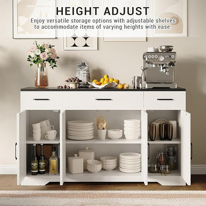 Modern Buffet Sideboard Kitchen Storage Cabinet With 3 Drawers, 55" Large Farmhouse Buffet Cabinet With Shelves and Doors, Wood Coffee Bar for Living Room Dining Room Hallway (White Black)
