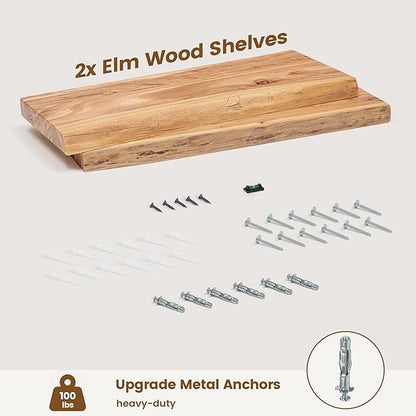 Reclaimed Elm Wood Floating Shelves for Wall, Live Edge 24"W x 9.2"D x 1.4"H, Set of 2 with Invisible Bracket, Wall Mounted Shelves for Living Room Bedroom Kitchen Bathroom Decor, Natural Finish