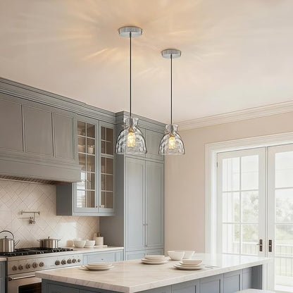 5.9“ Small Brushed Nickel Pendant Lights Kitchen Island, Hammered Glass Pendant Light Fixtures, Adjustable Mini Hanging Lights Kitchen Pendant Lighting over Island Sink Bathroom Dining Room Bedroom