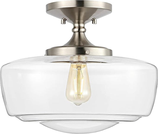 JONATHAN Y 14" Nickel Modern Farmhouse LED Flush Mount Light Fixture, Clear Glass Shade, Rustic Industrial Schoolhouse Lamp for Kitchen Hallway Bedroom (JYL7517D)
