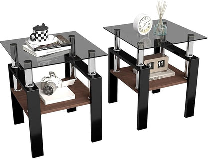 Set of 2 Glass End Table, 2-Layer Glass Living Room Table, Modern Tea Table Side Tables for Home Office Furniture