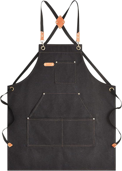 Aoomzoon Canvas Aprons for Men Chef Apron, Work Apron with Large Pockets - 16oz Heavy Duty Cross Back, BBQ, Cooking