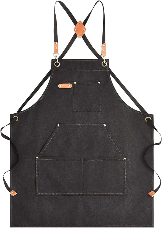 Aoomzoon Canvas Aprons for Men Chef Apron, Work Apron with Large Pockets - 16oz Heavy Duty Cross Back, BBQ, Cooking