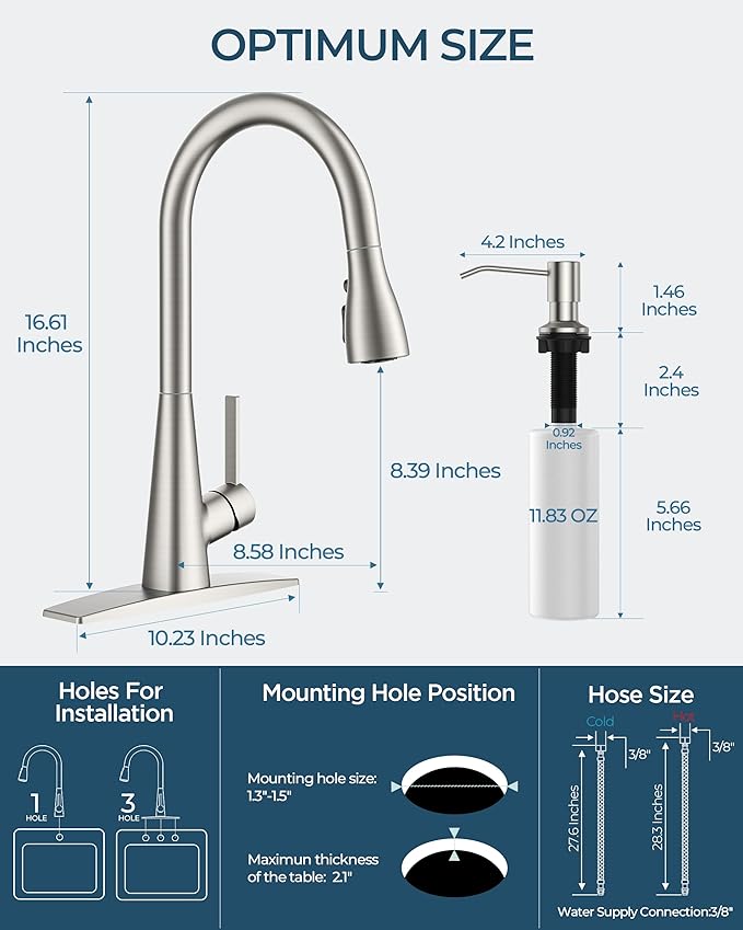 FORIOUS Kitchen Faucet with Soap Dispenser, Pull Down Sprayer, Brushed Nickel Modern High Arc Stainless Steel Faucet for Kitchen Sink, Single Handle for 1 or 3 Hole Decks RV Bar Farmhouse Laundry